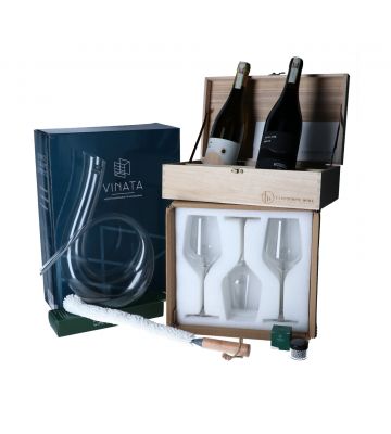 Cadeau pakket large met twee flessen wijn, een decanter, 6 wijnglazen, een decanter cleaner en decanter cleaning parels